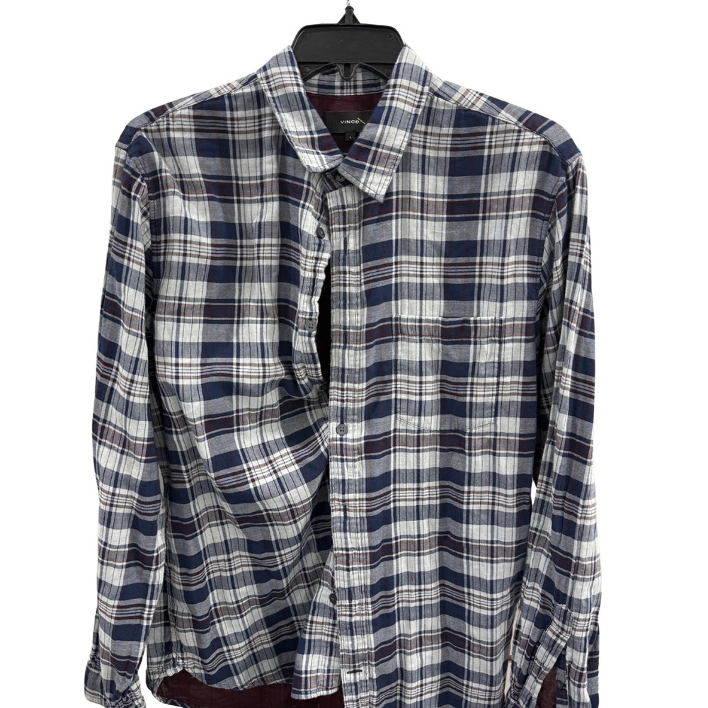 Vince Navy & Burgundy Plaid Button-Down Shirt – Size L